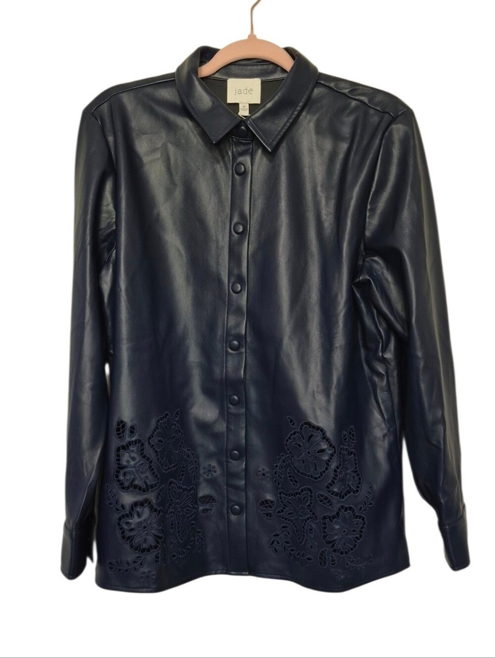 Johnny Was Imani Vegan Leather Shacket M Navy Floral Cutout Button Front NWT